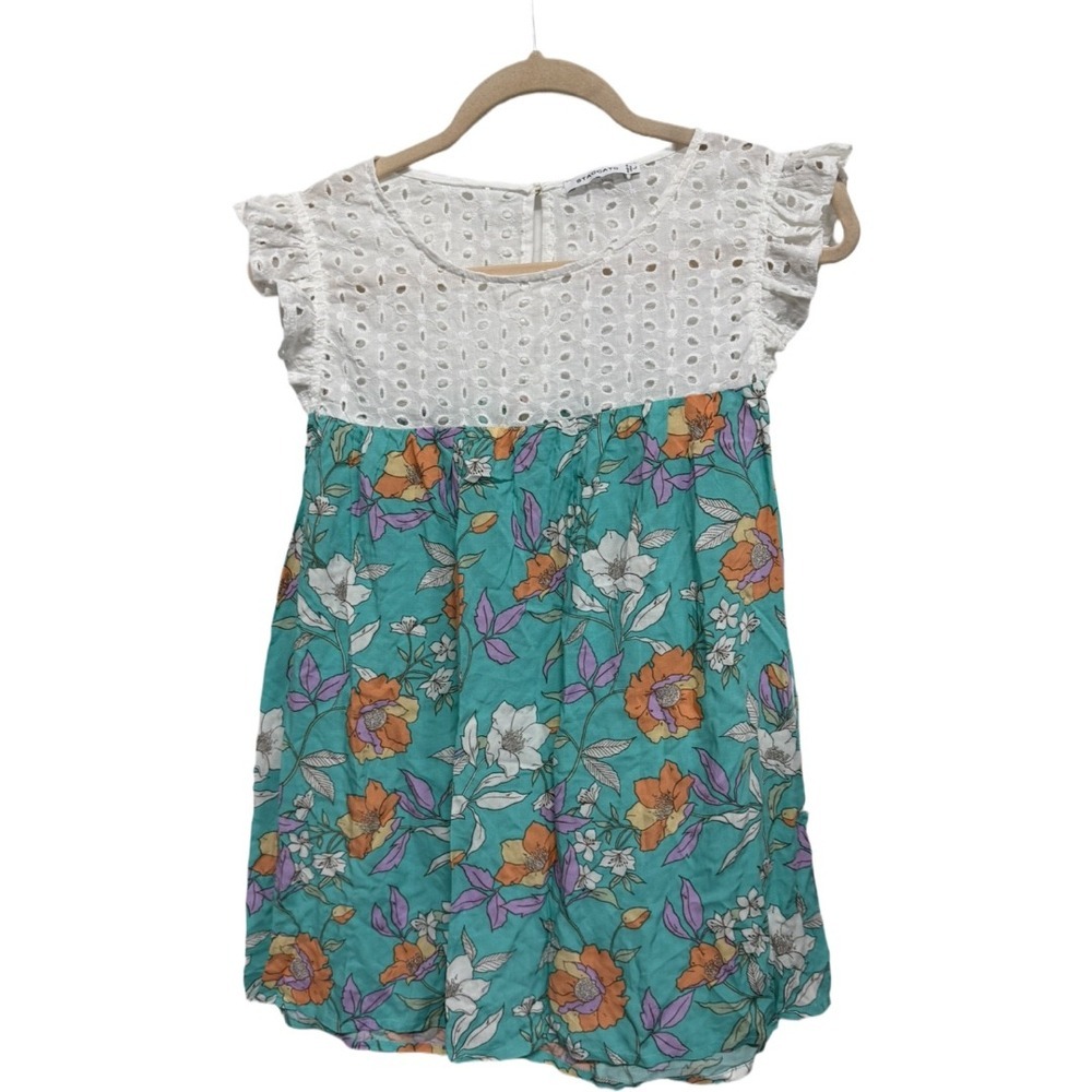 Staccato Floral Eyelet Flutter Sleeve Blouse Large Teal White Boho Cottagecore